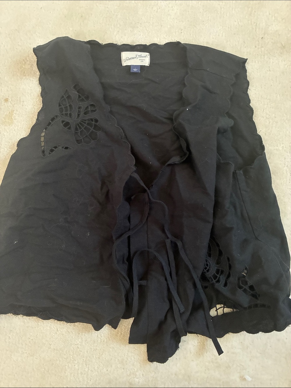 Universal Thread Black Sleeveless Tie-Front Tunic with Cutwork